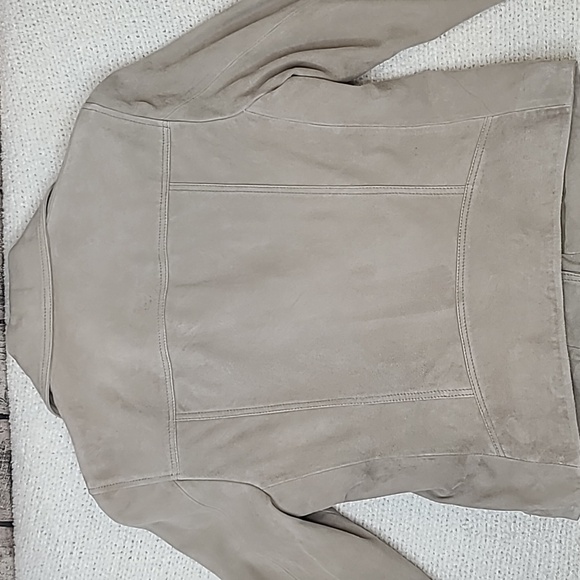 All Saints Dalby Slim Fit Cropped Suede Leather Biker Jacket in Taupe - Picture 14 of 17